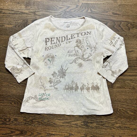 Pendleton Shirt Womens Large Beige Scoop Neck Long Sleeve Top Western Rodeo - Picture 1 of 8